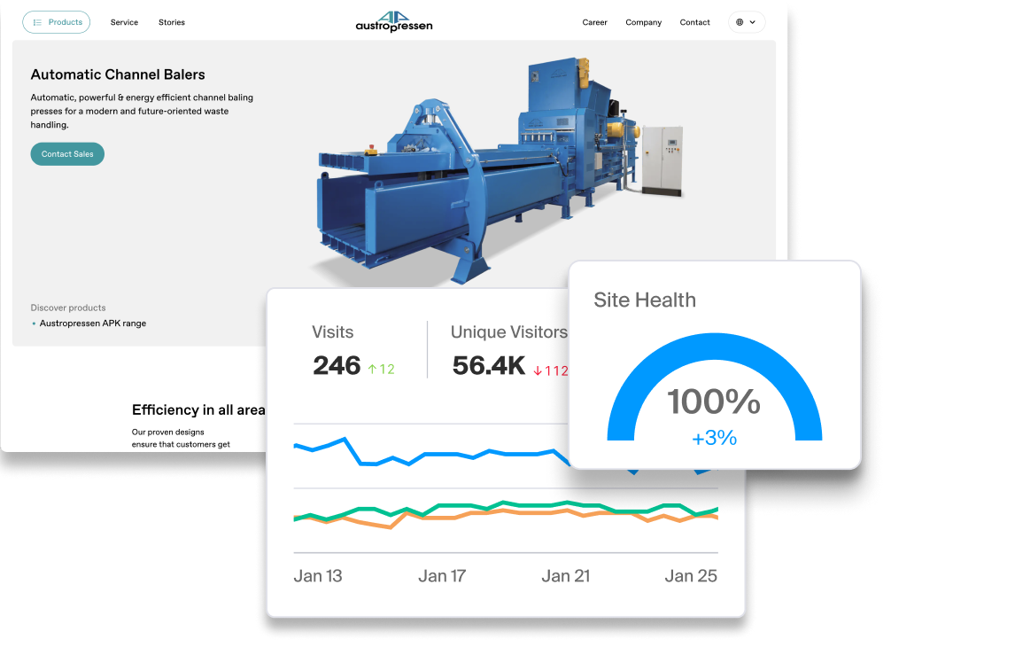 Collage of a landing page and monitoring table for SEO