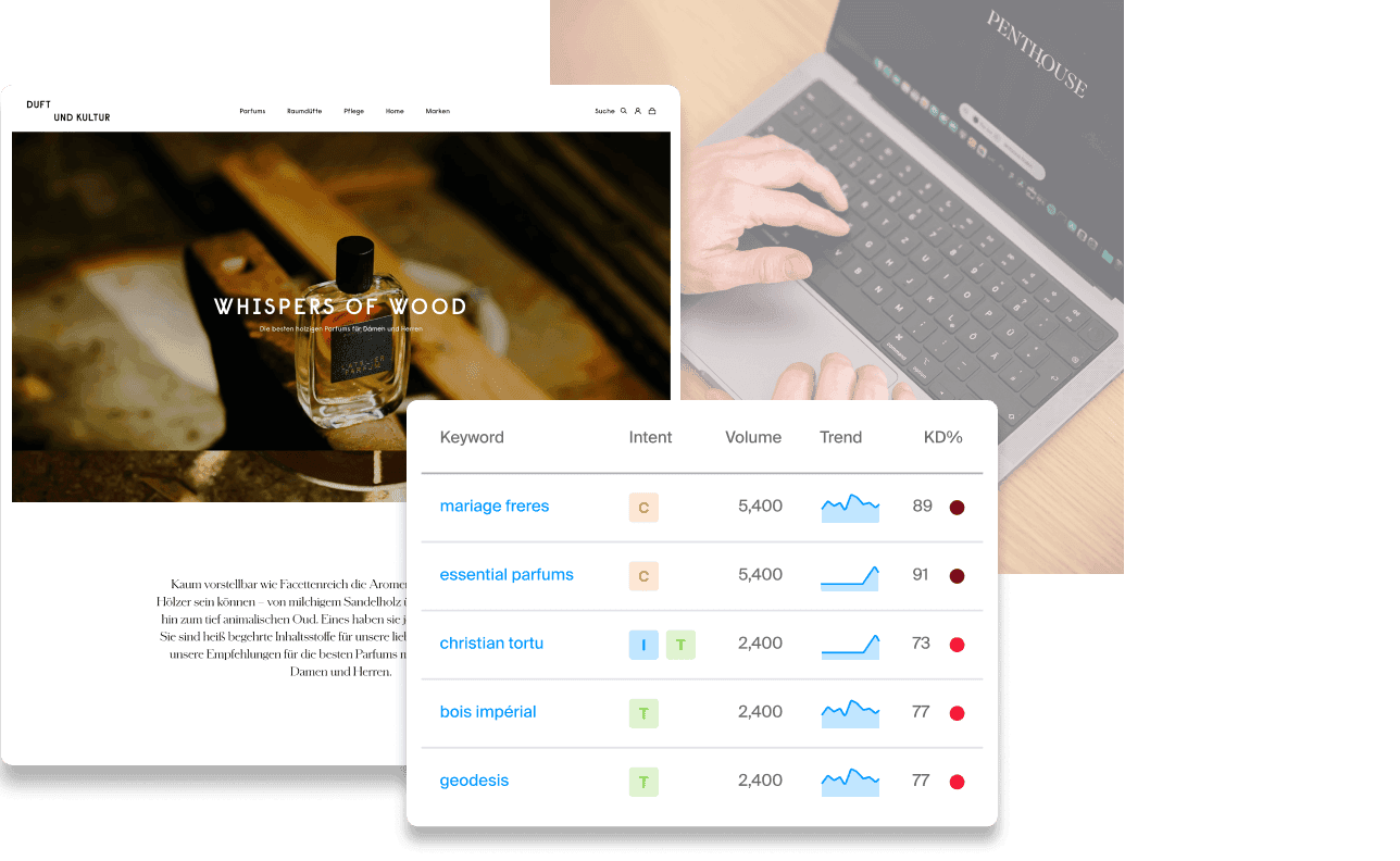 Collage with screenshots of an online store, a keyword list and a Functn employee with a Macbook