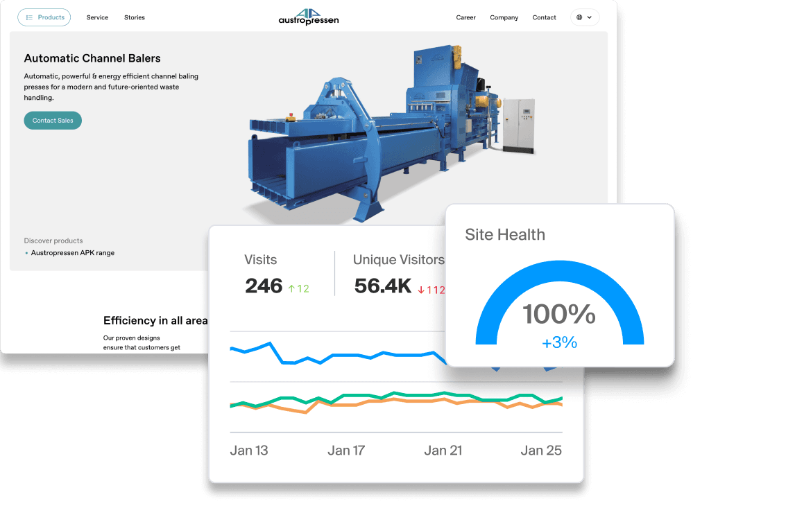 Collage of a landing page and monitoring table for SEO