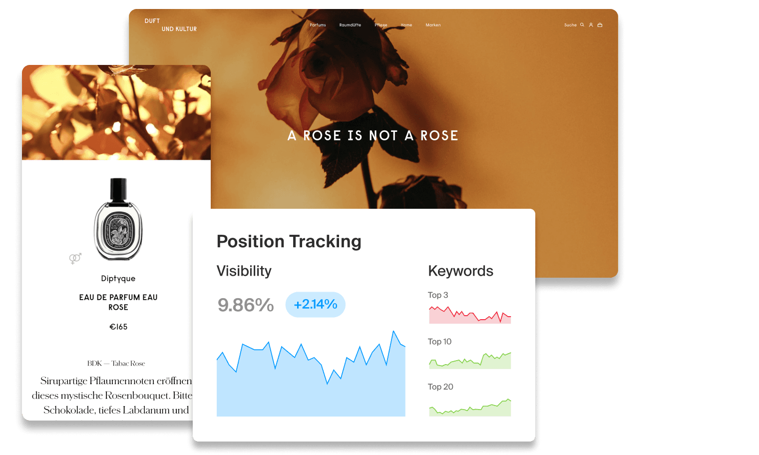 Collage with simplified view of a CMS and graphics of an SEO tool.